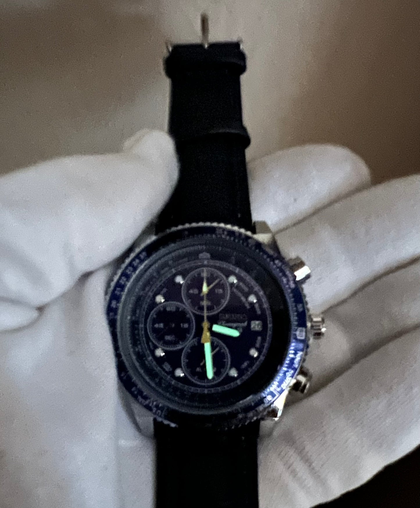 Seiko Chronograph Speedtimer 43mm Quartz Movement Black Dial Bezel Leather Watch