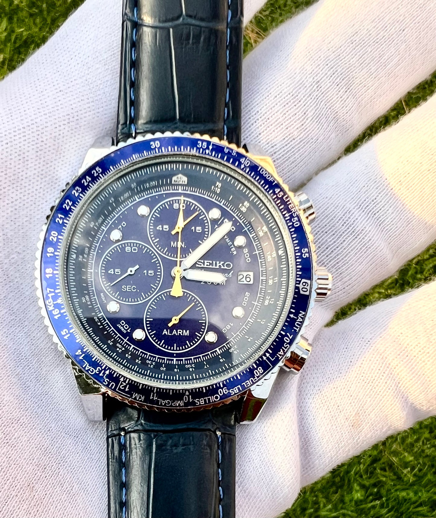 Seiko Chronograph Speedtimer 43mm Quartz Movement Black Dial Bezel Leather Watch