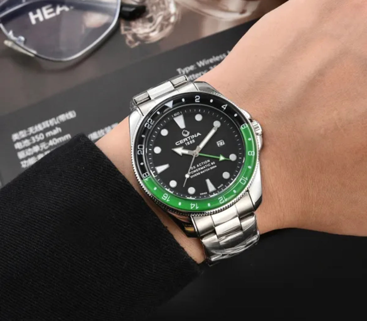 Luxury Certina DS Action Mod Black Dial Green/Black Bezel Quartz Movement Steel Bracelet Watch