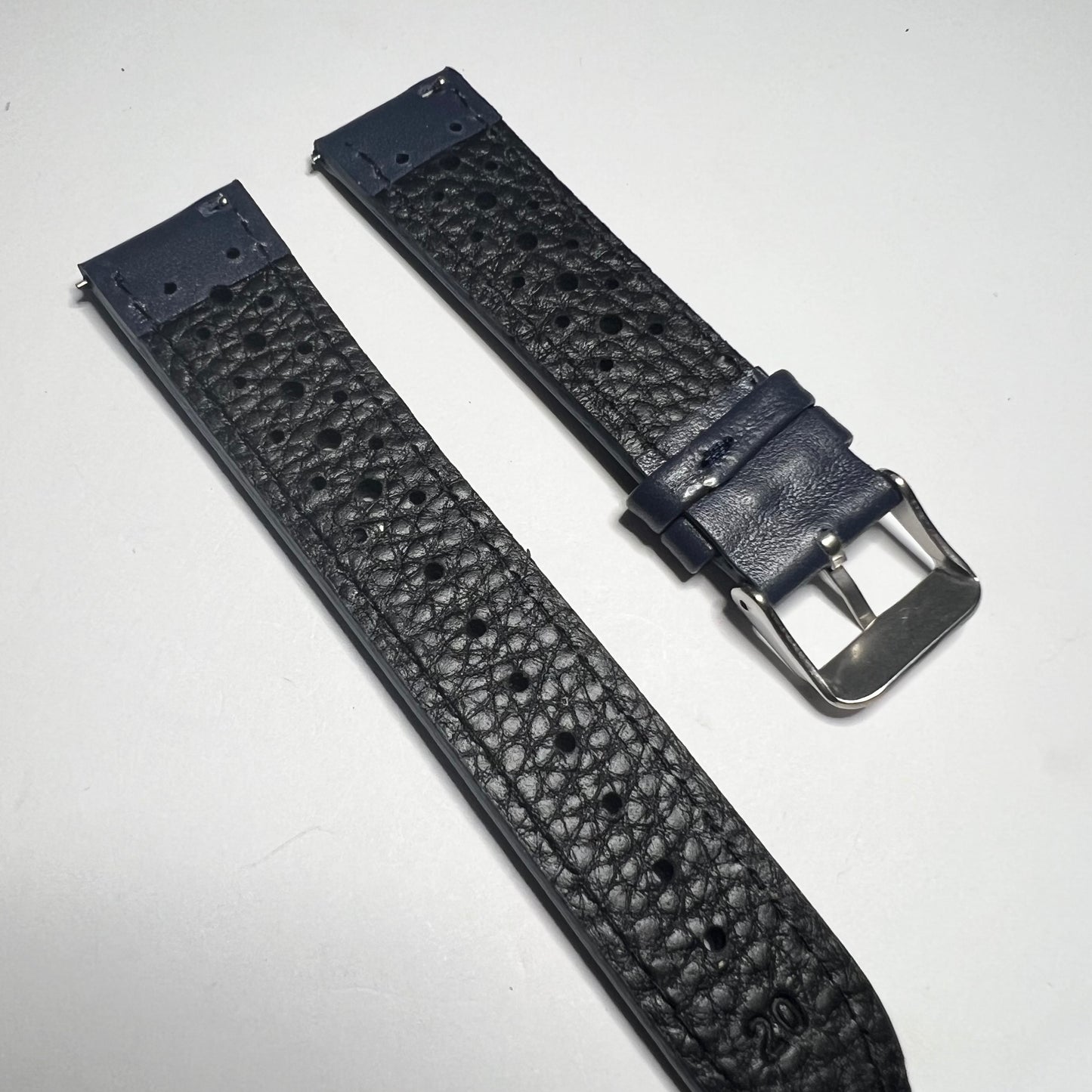 Navy Blue Leather Retro Perforated Racing Quick Release 20mm Strap