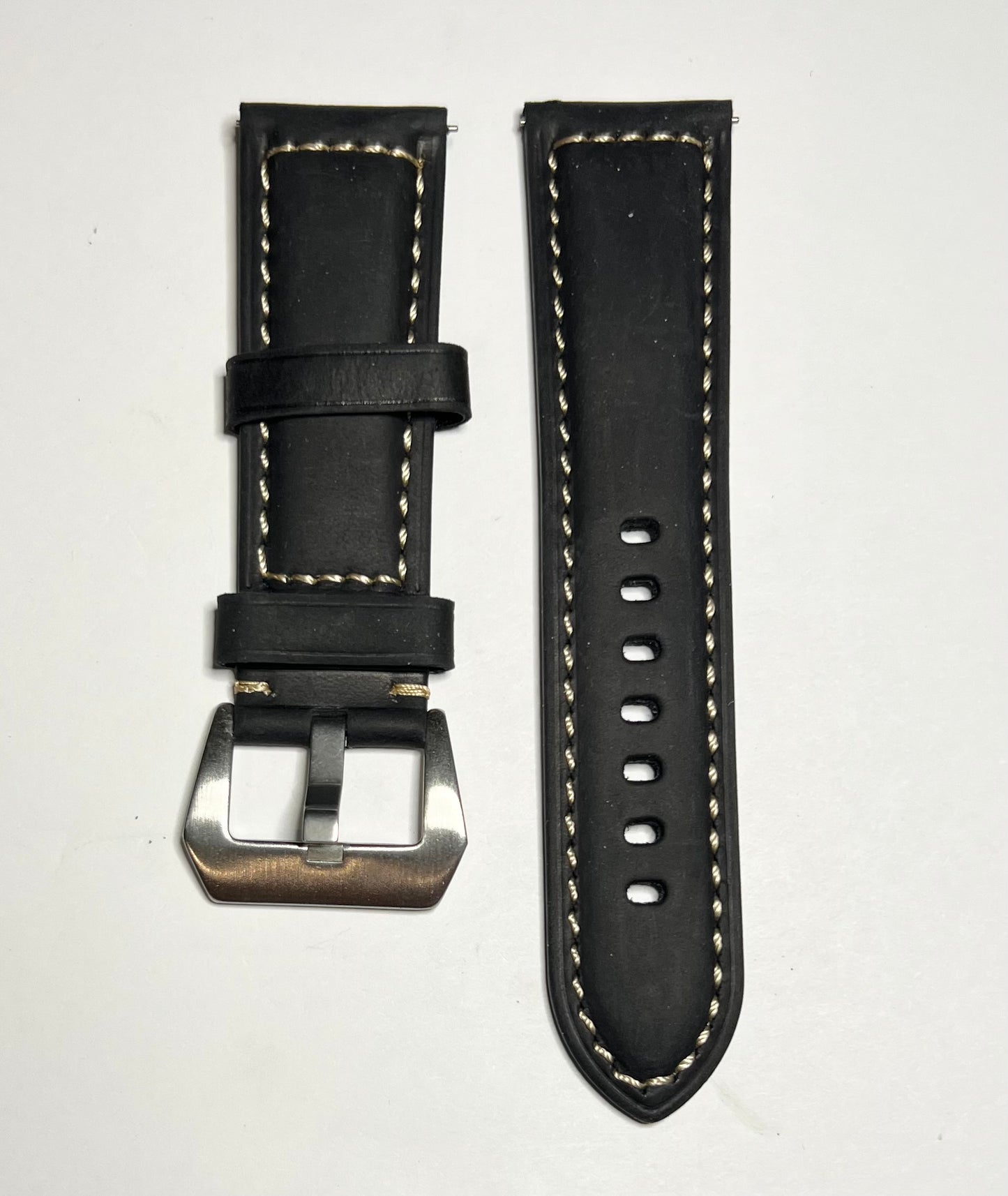 Matte Black Leather Bege Stitching Quick Release 24mm Strap