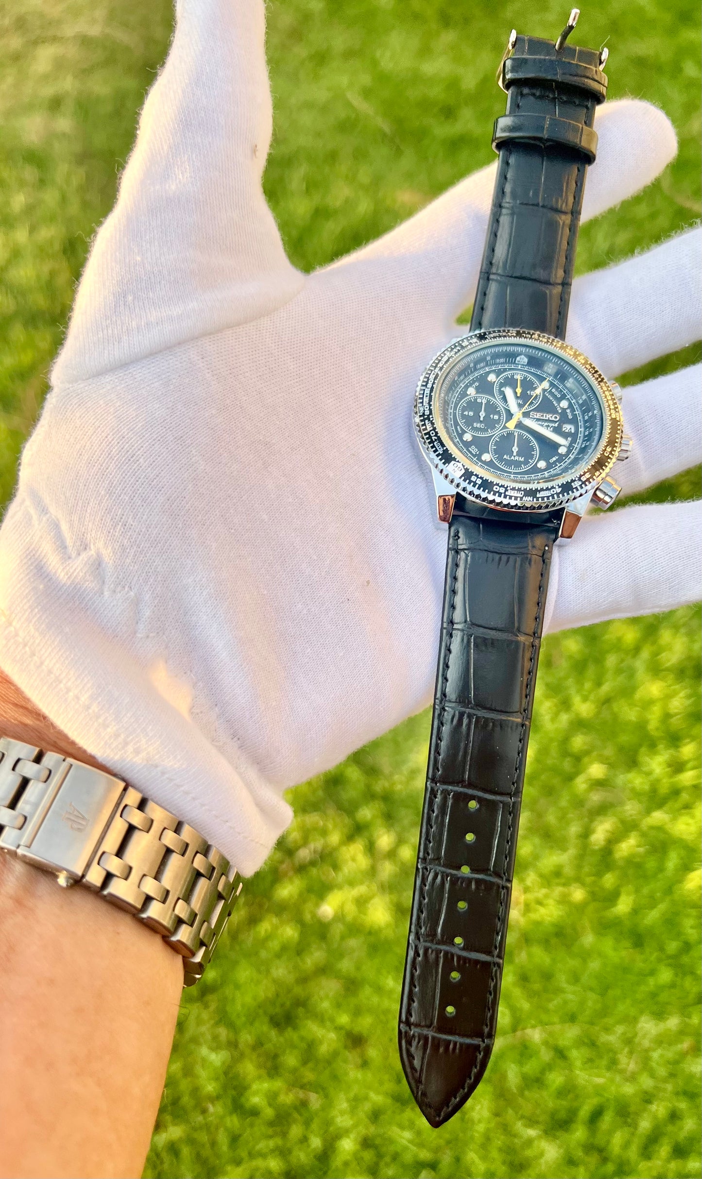 Seiko Chronograph Speedtimer 43mm Quartz Movement Black Dial Bezel Leather Watch