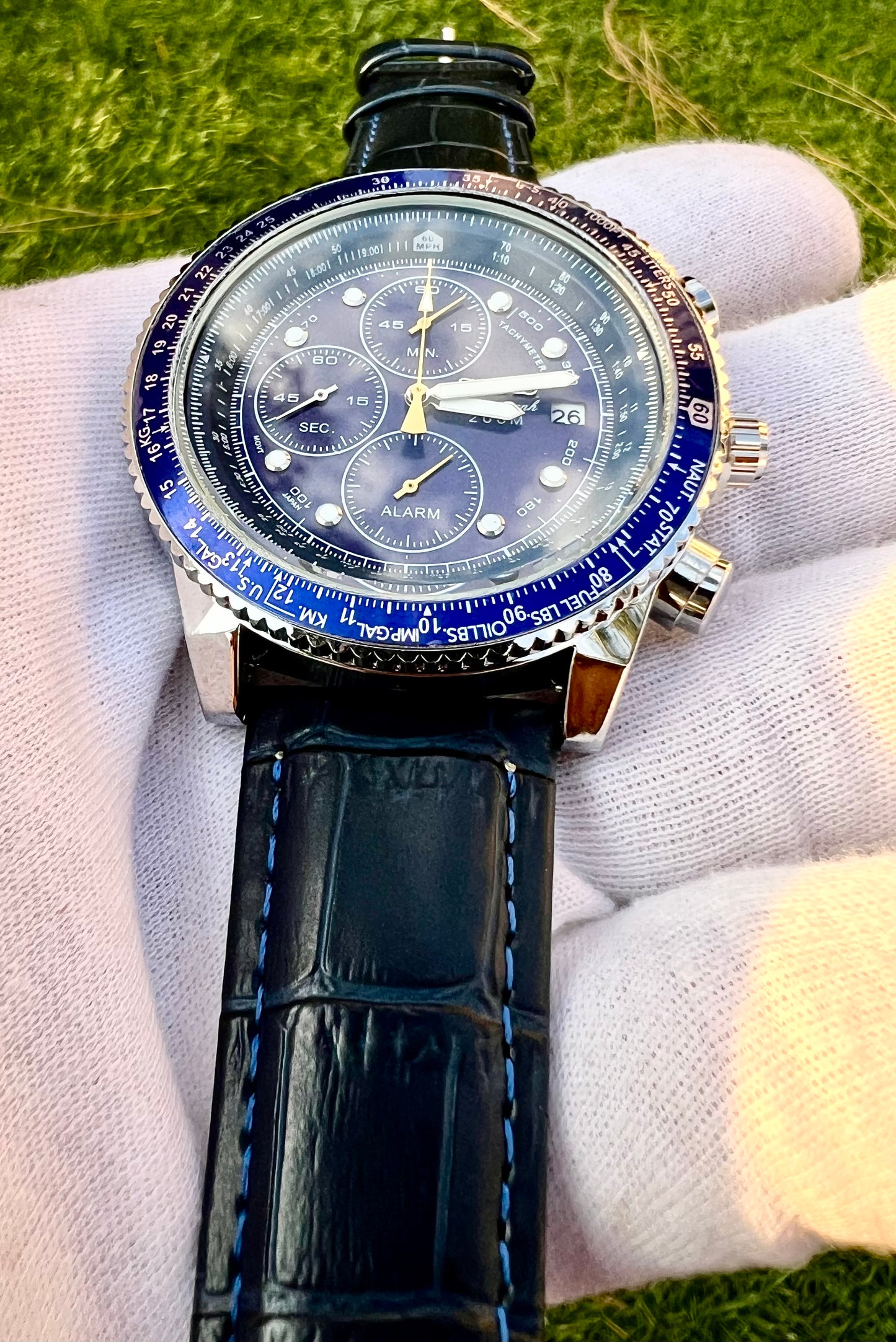 Seiko Chronograph Speedtimer 43mm Quartz Movement Black Dial Bezel Leather Watch
