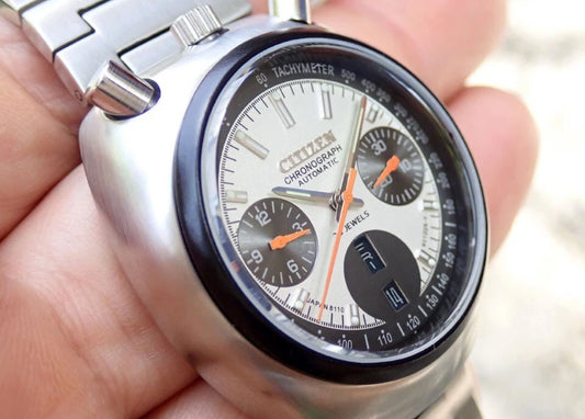 Citizen 8110 Bullhead Automatic Flyback Chronograph Stainless Steel Hollywood" Silver / White dial 1970’s Wristwatch