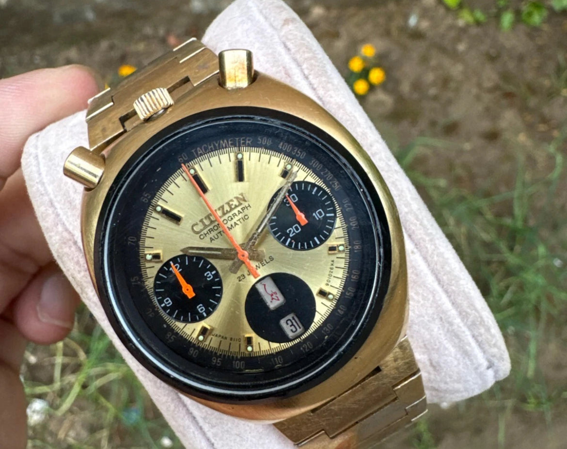 Rare Vintage Citizen Bullhead 67-9020 Chronograph Brad Pitt Gold Cal.8110 Automatic Watch