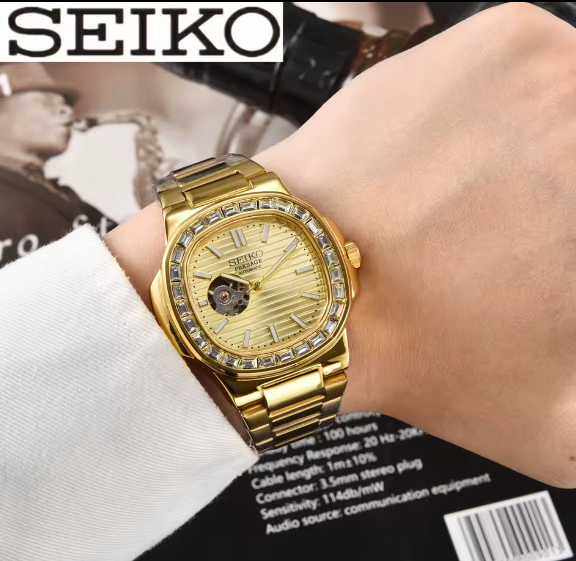 Seiko Luxury Tourbillon Nautilus Mod Gold & Diamonds 43mm Automatic Movement Gold Dial Watch