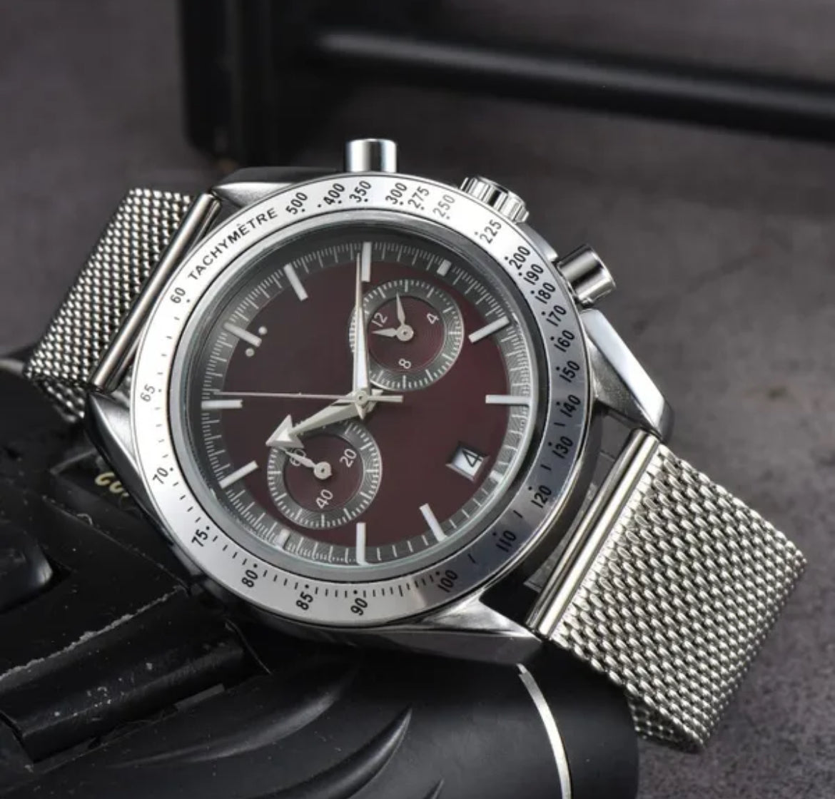 Luxury Speedmaster Maroon Dial Quartz Mov. Chronograph Stainless Steel Milanese Mesh Bracelet Watch
