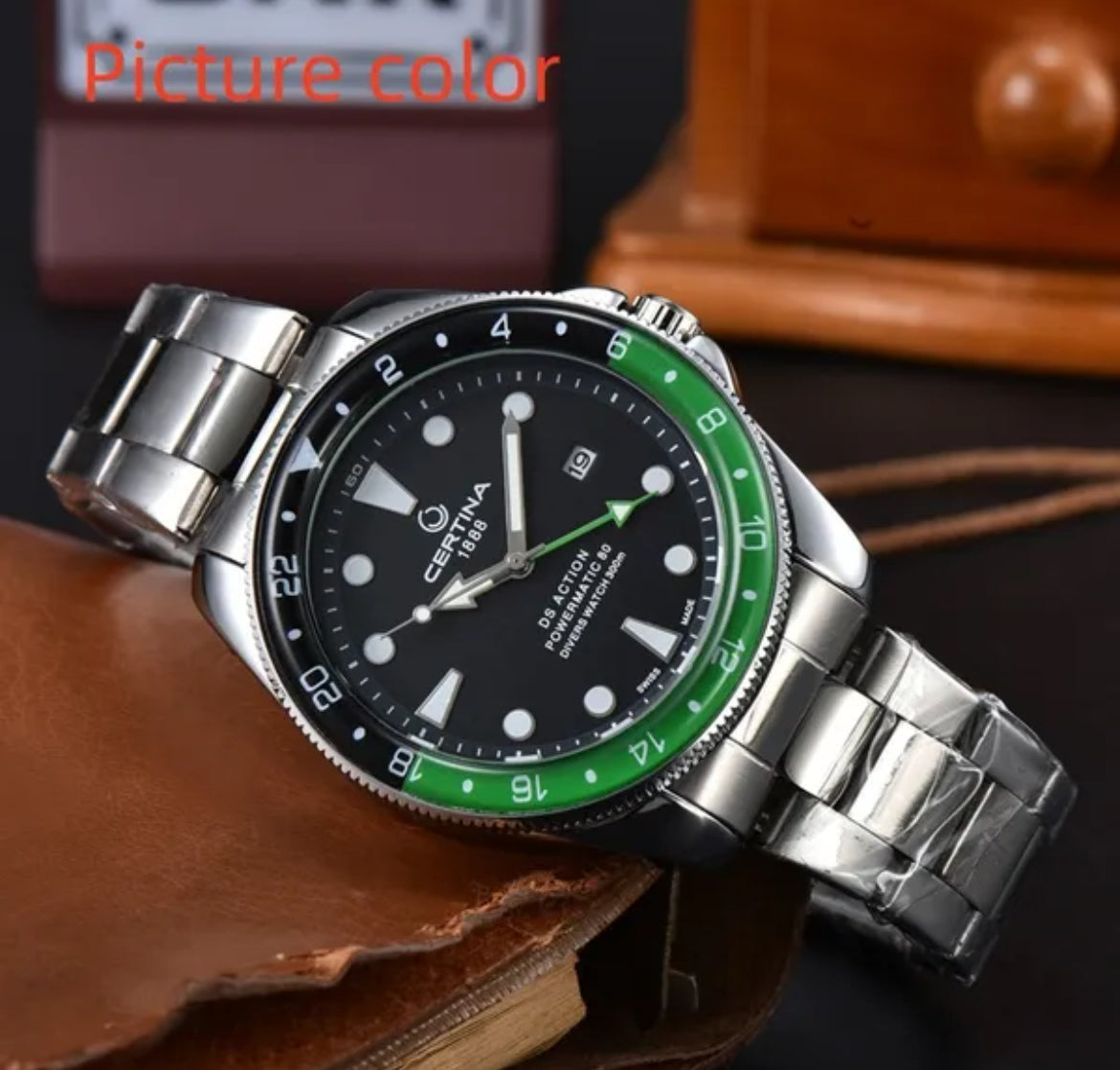 Luxury Certina DS Action Mod Black Dial Green/Black Bezel Quartz Movement Steel Bracelet Watch