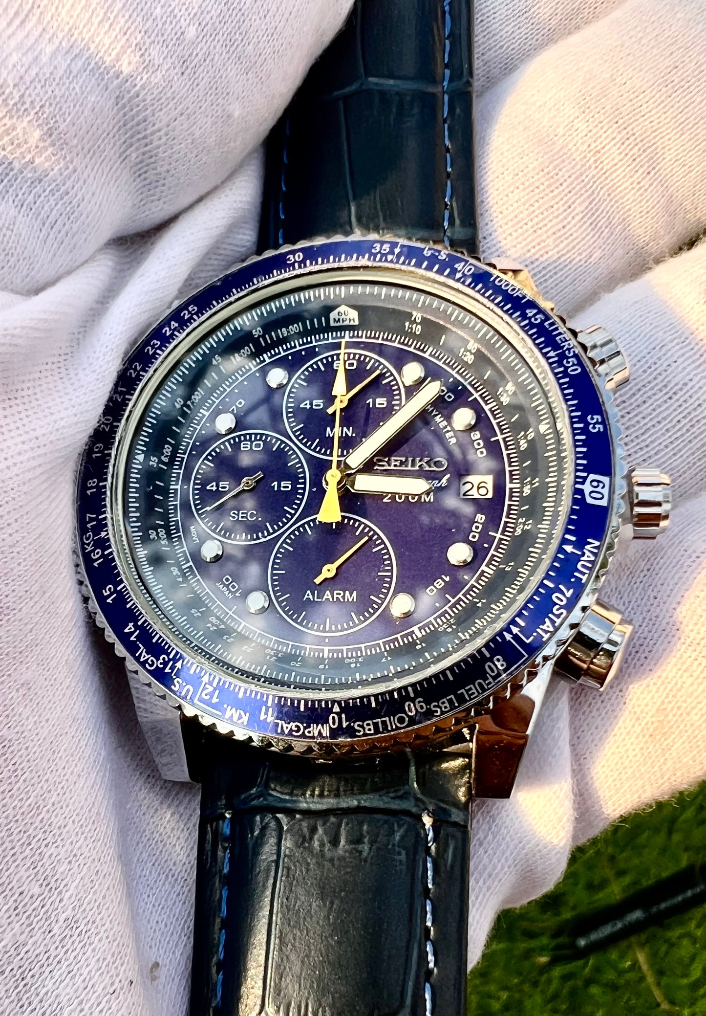 Seiko Chronograph Speedtimer 43mm Quartz Movement Blue Dial Bezel Leather Watch