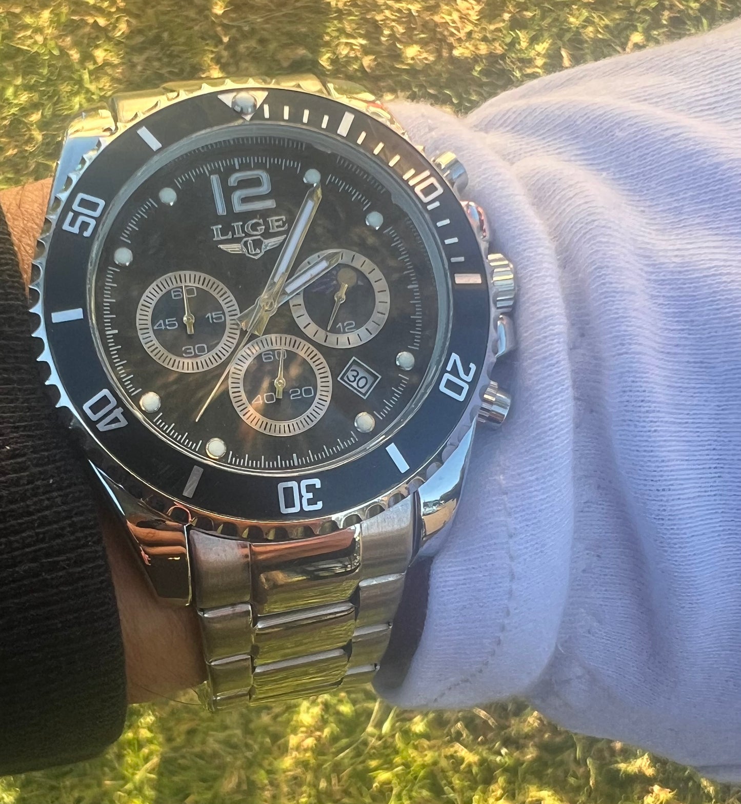 Lige Chronograph Moon Black dial Stainless Steel Quartz Movement Watch