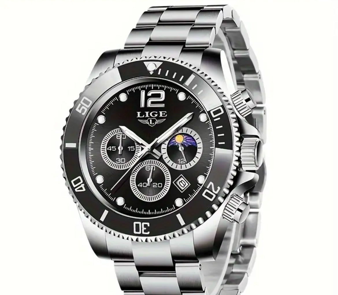 Lige Chronograph Moon Black dial Stainless Steel Quartz Movement Watch