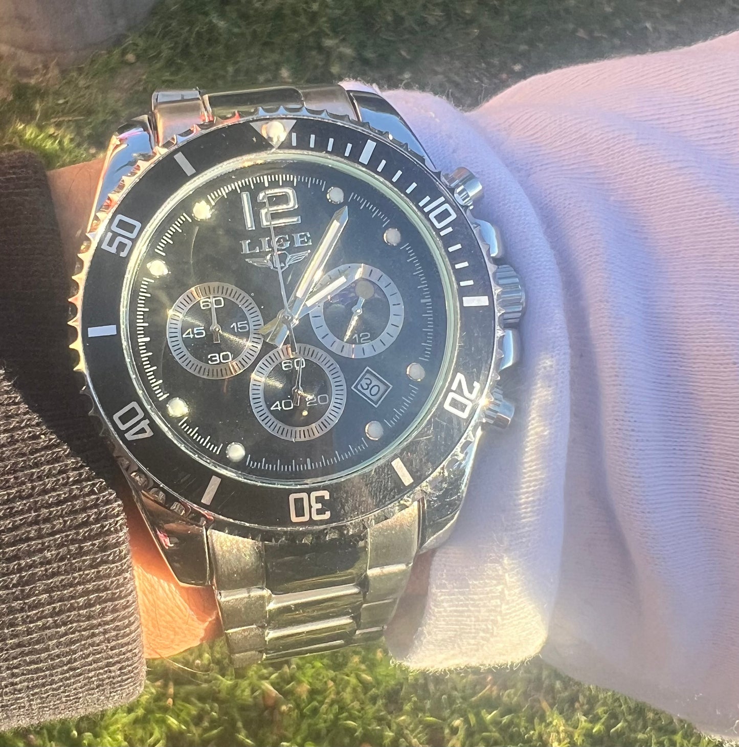 Lige Chronograph Moon Black dial Stainless Steel Quartz Movement Watch