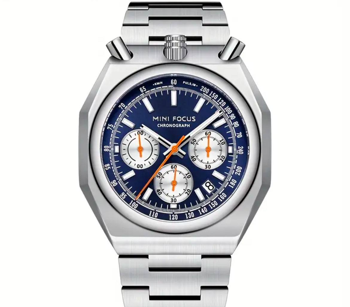 Focus Bullhead Chronograph Blue dial Stainless Steel Quartz Movement 46mm Watch