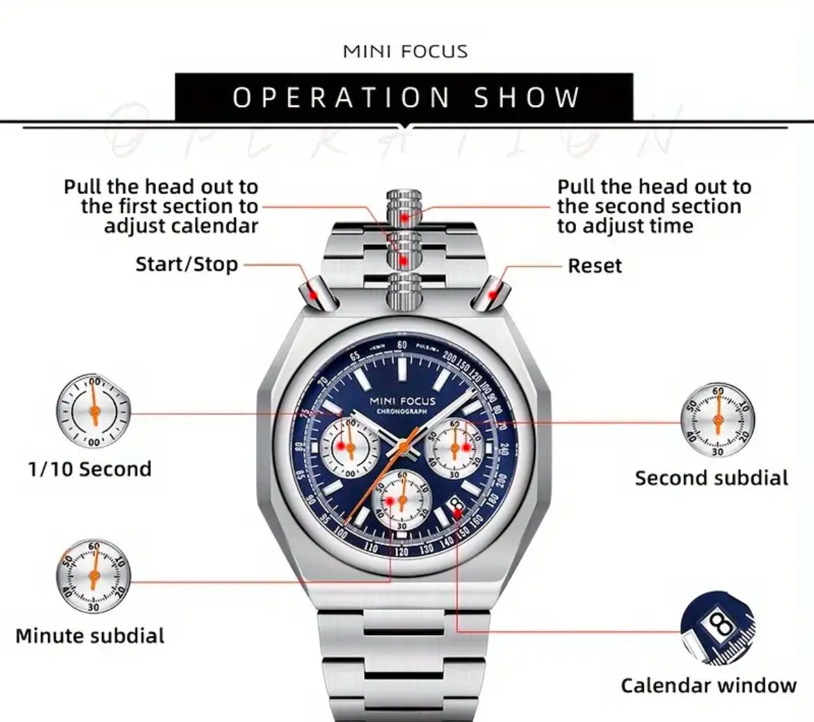 Focus Bullhead Chronograph Blue dial Stainless Steel Quartz Movement 46mm Watch