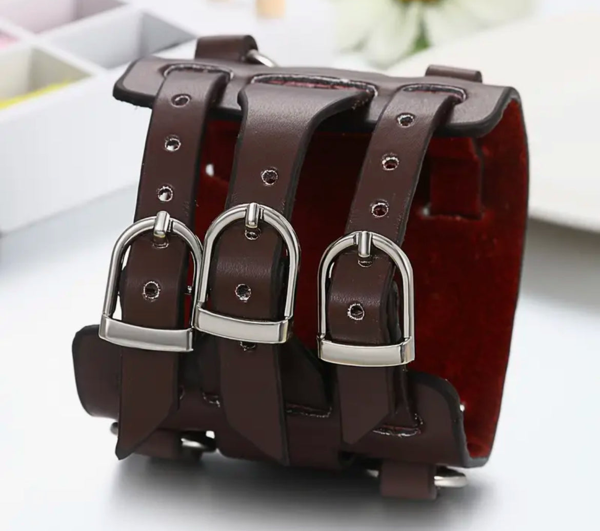 3 Eyelets BLACK Genuine Leather Strap Stainless Steel Quartz Movement Watch