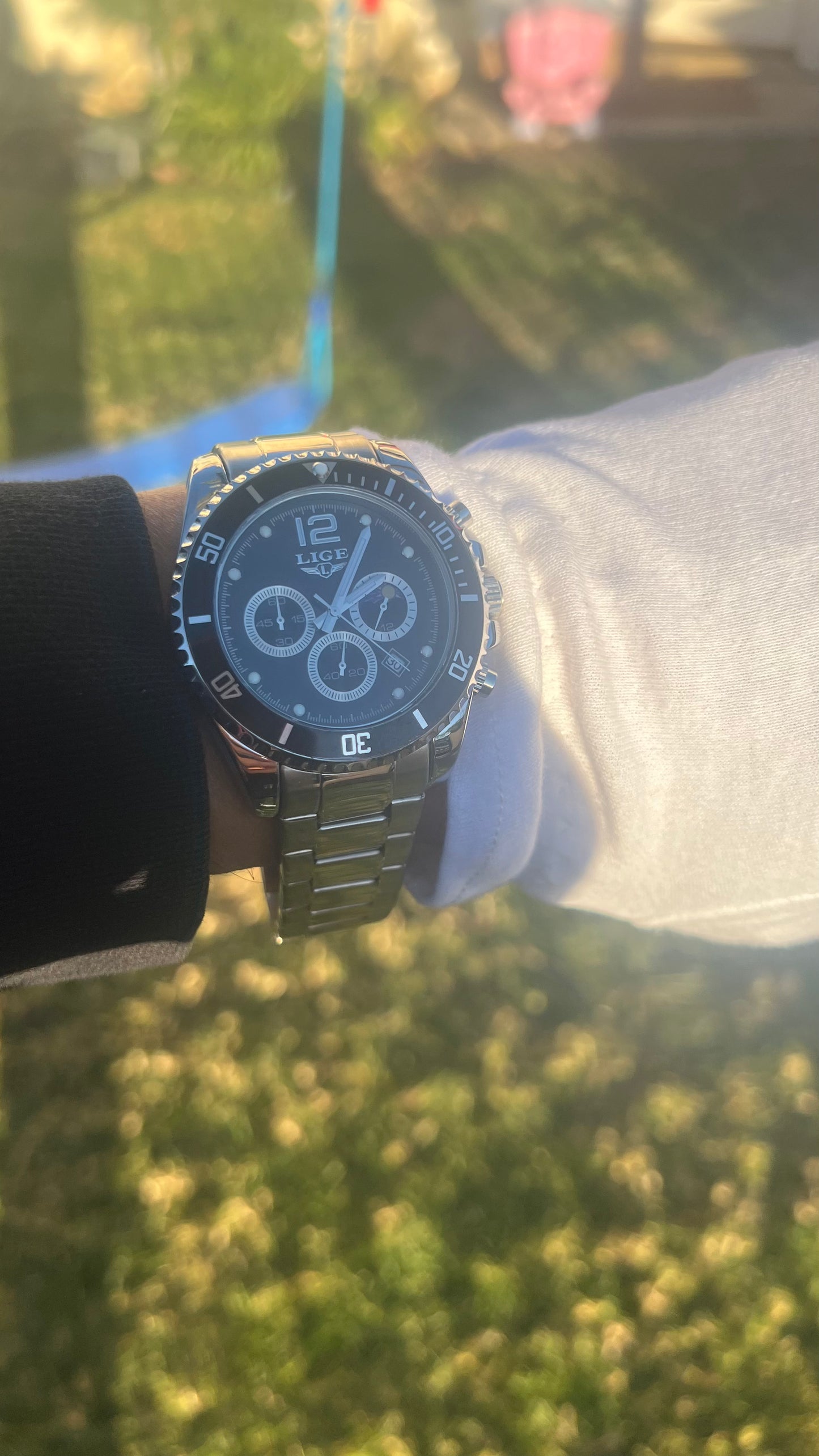 Lige Chronograph Moon Black dial Stainless Steel Quartz Movement Watch