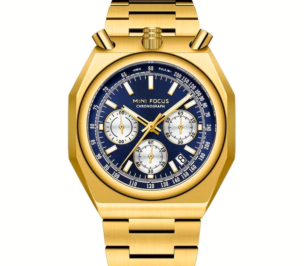 Focus Bullhead Chronograph Gold / Blue dial Stainless Steel Quartz Movement 46mm Watch