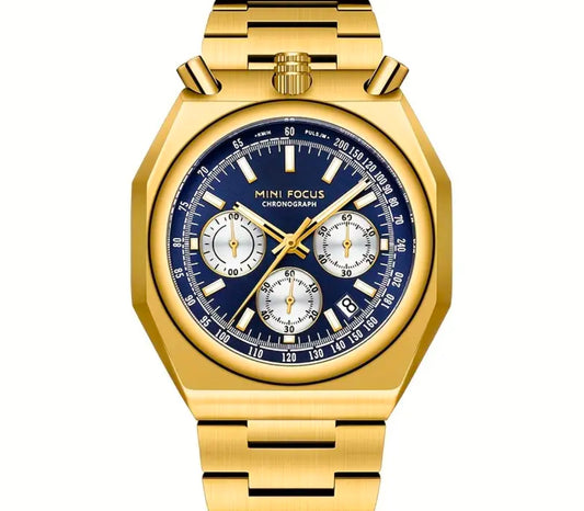 Focus Bullhead Chronograph Gold / Blue dial Stainless Steel Quartz Movement 46mm Watch