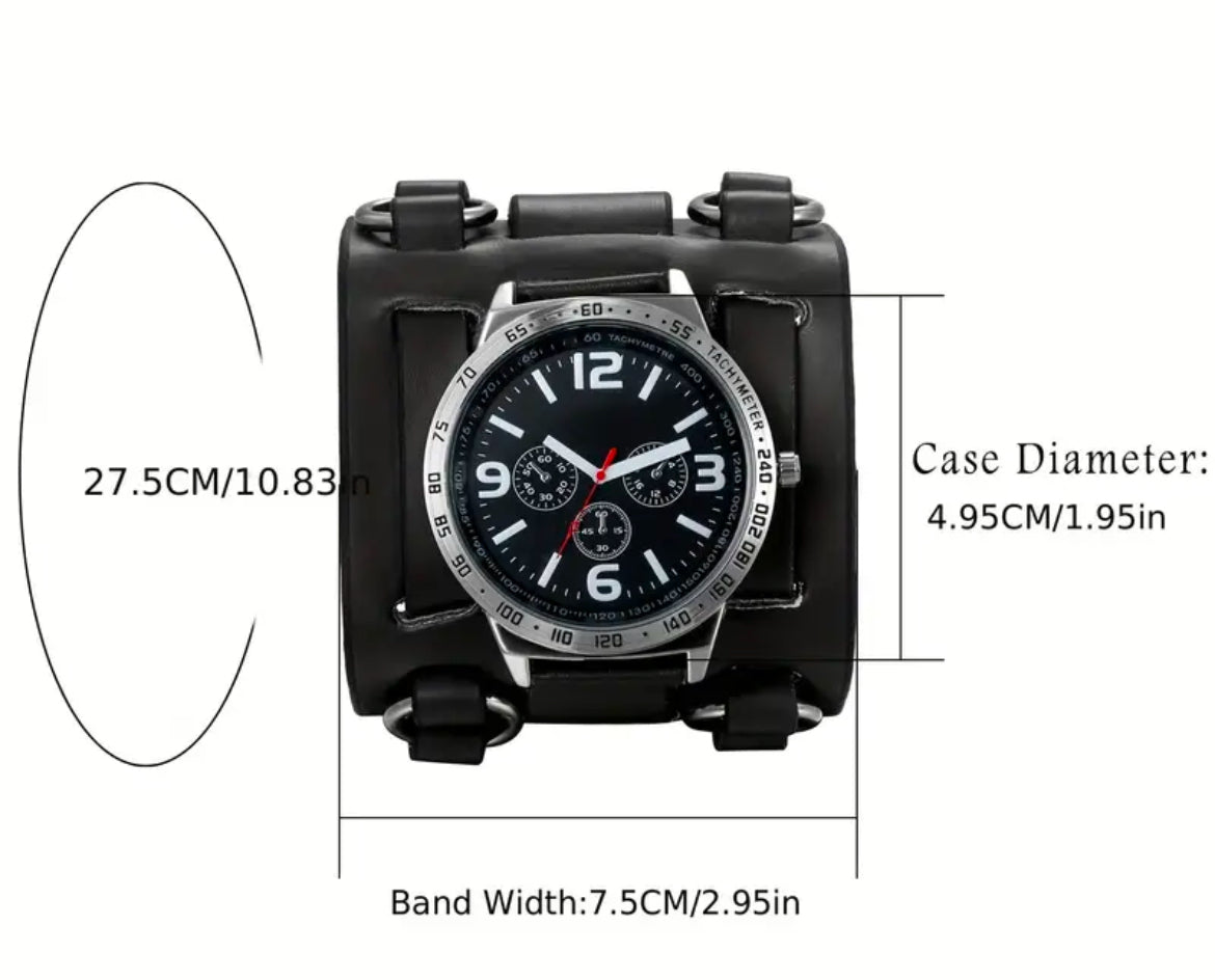 3 Eyelets BLACK Genuine Leather Strap Stainless Steel Quartz Movement Watch