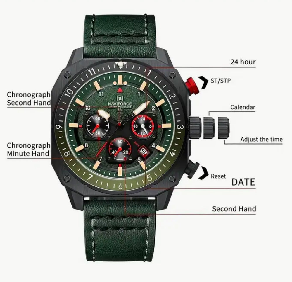 Navy Force Multinational 45mm CalfSkin Leather Strap Stainless Steel Quartz Movement Watch