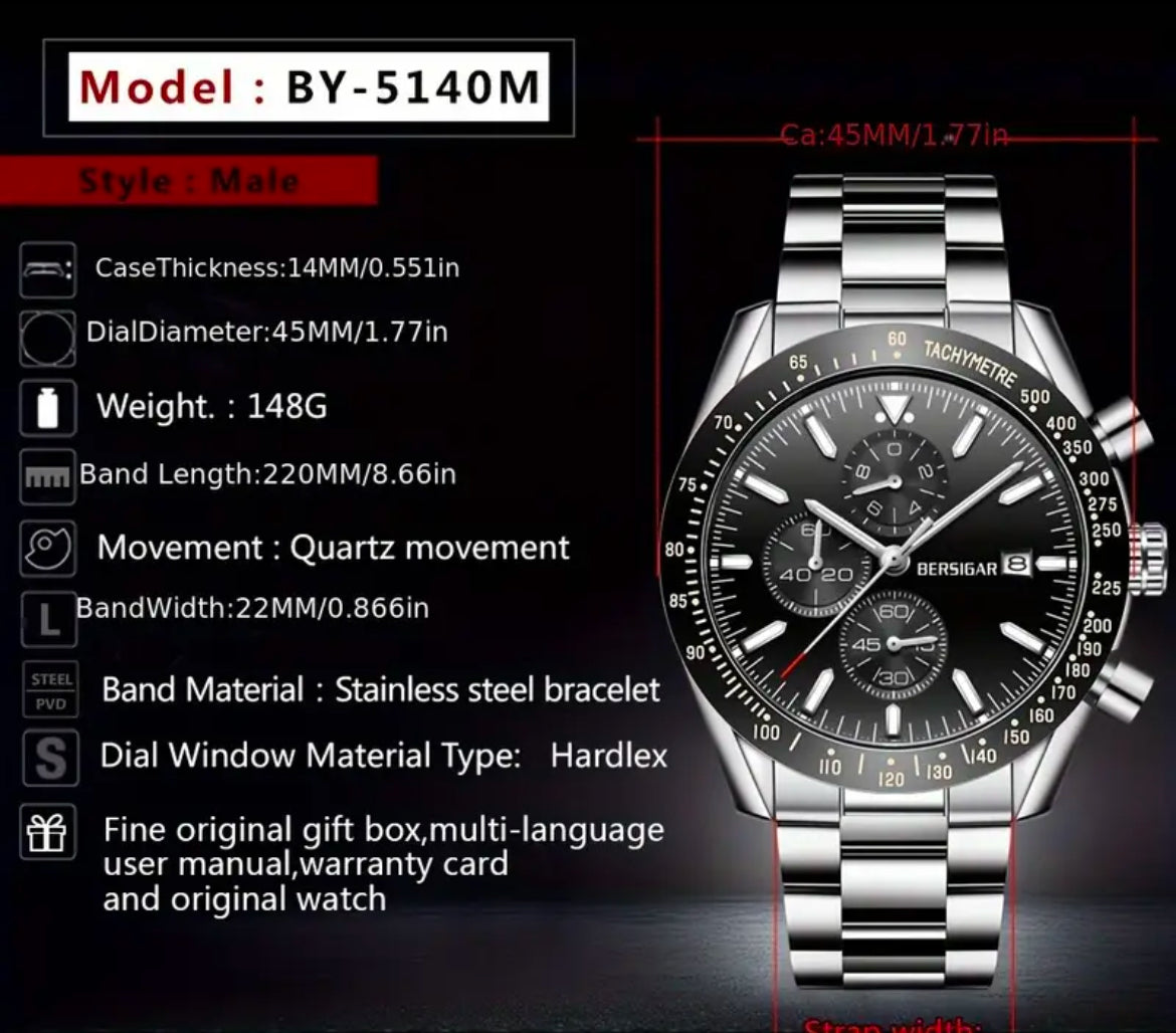 Bersigar Daytona Style Silver Bezel 45mm Bracelet Quartz watch