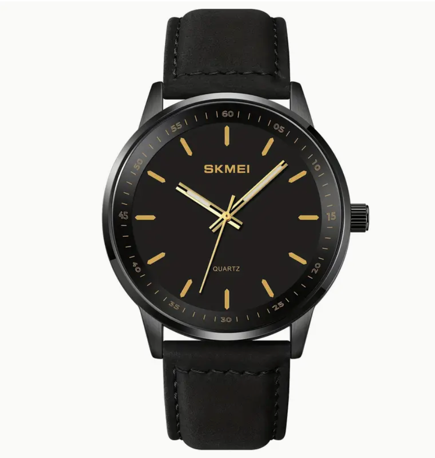 All Black/Brown Genuine Leather Strap Watch