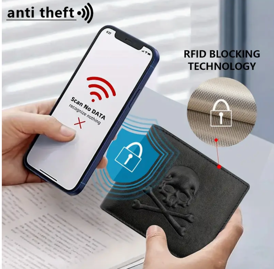 Black Skull Embossed Anti-Theft RFID Leather Wallet