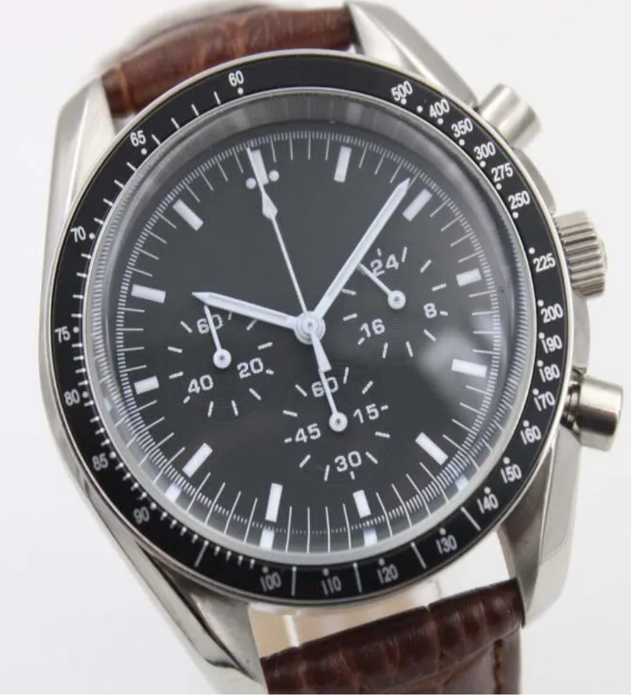 Premium Luxury SpeedMas Moon Quartz Movement SS/Black/Black Leather Strap Watch