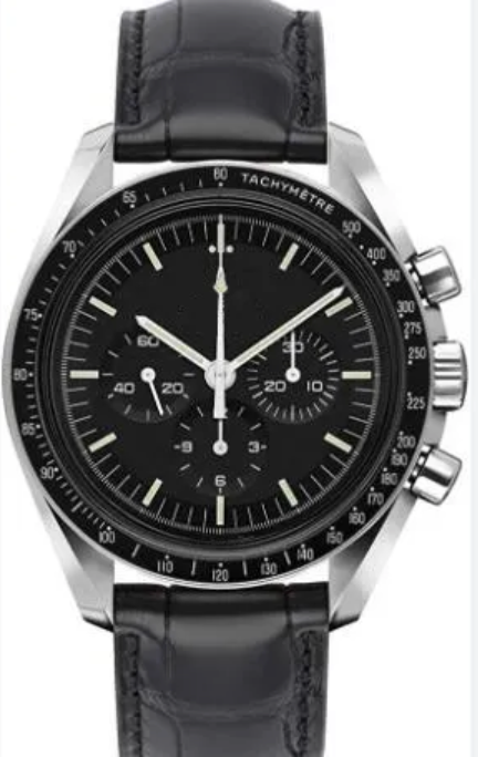 Premium Luxury SpeedMas Moon Quartz Movement SS/Black/Black Leather Strap Watch