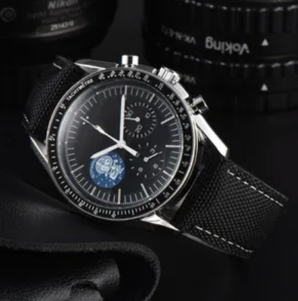 Premium Luxury  SpeedMaster Spoopy Quartz Movement SS Black/Blue Sport Strap Watch