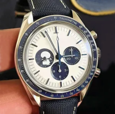 Luxury SpeedMaster Spoopy Quartz Movement SS White/Blue Nylon Strap Watch