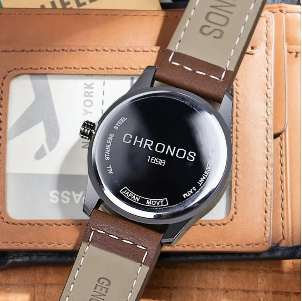 CHRONOS Black/Orange/Tan Waterproof Quartz Leather Watch