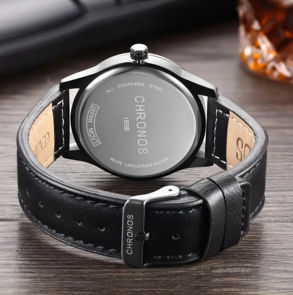 CHRONOS All Black Waterproof Quartz Leather Watch