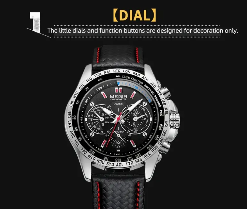 MEGIR Black/WHITE Leather Watch