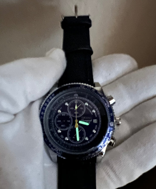 Seiko Chronograph Speedtimer 43mm Quartz Movement Black Dial Bezel Leather Watch