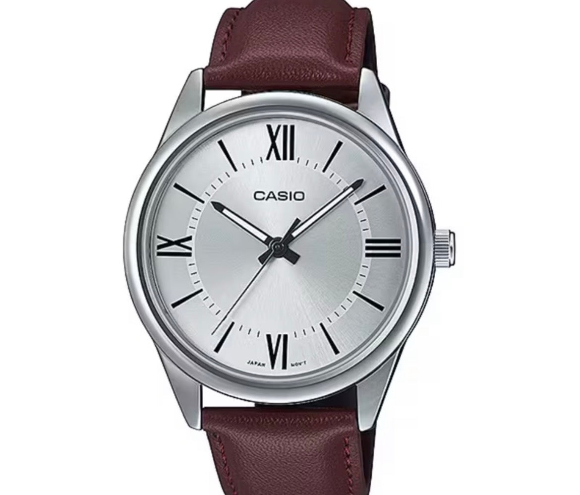 Casio Silver Dial Brown Leather Strap Watch