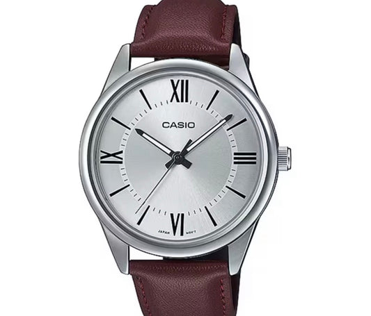 Casio Silver Dial Brown Leather Strap Watch