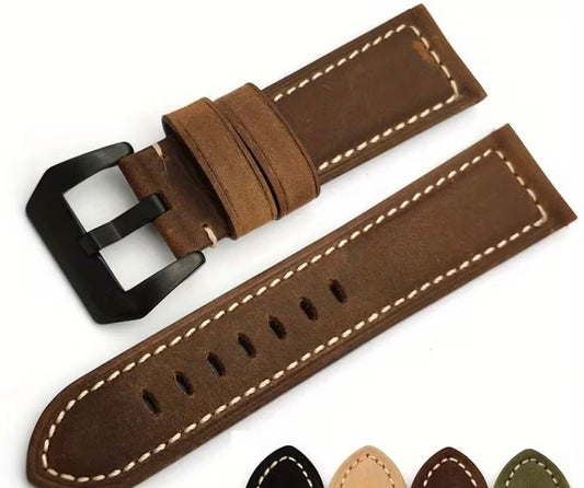Matte Brown Leather Bege Stitching Quick Release 24mm Strap