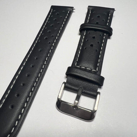 Black Leather white Stitching Perforated Racing Quick Release 20mm Strap