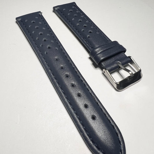 Navy Blue Leather Retro Perforated Racing Quick Release 20mm Strap