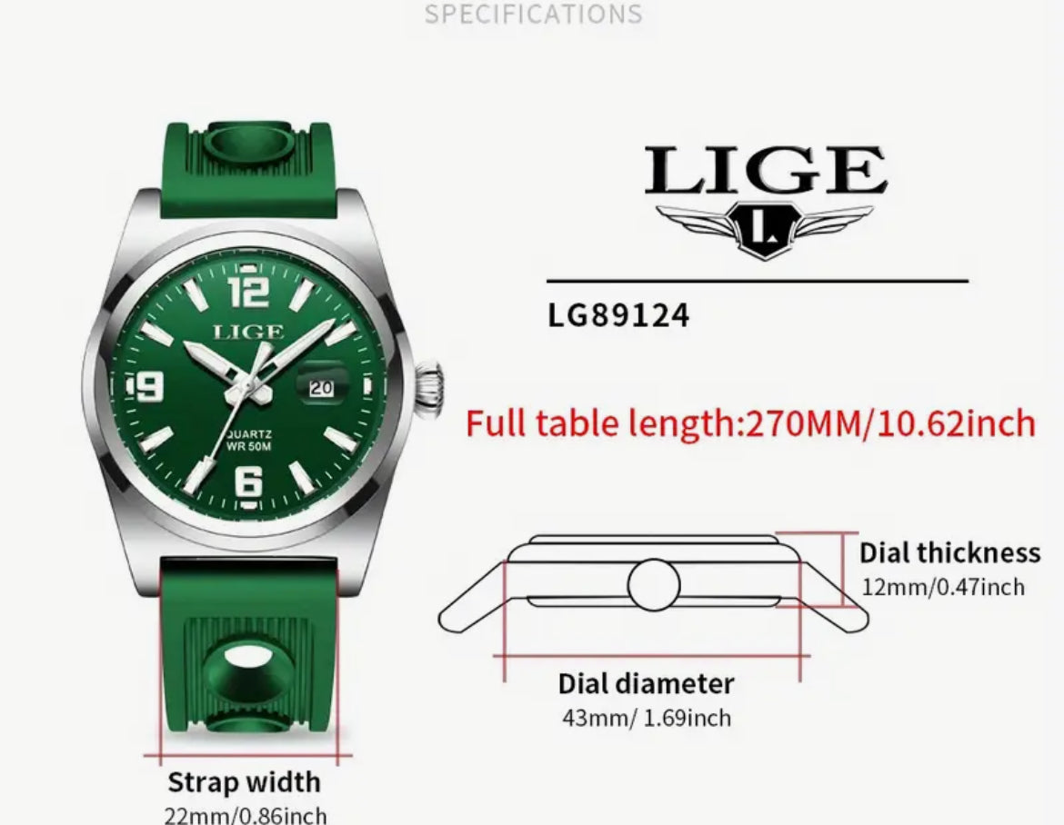 Lige 43mm Silica Gel  Strap Black dial Stainless Steel Quartz Movement Watch