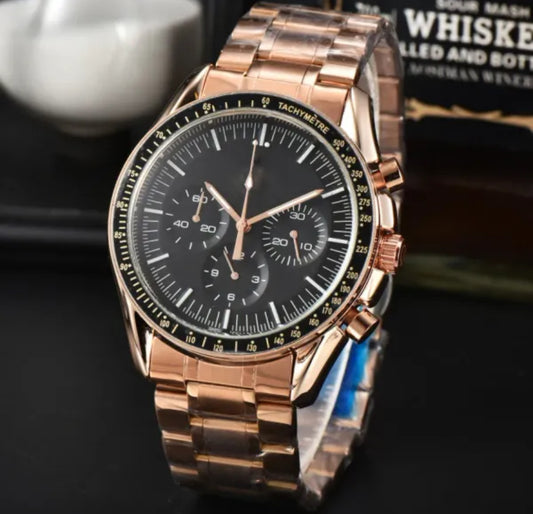 Luxury Speedmaster All gold tone Black Dial Quartz Movement Stainless Steel Bracelet Watch