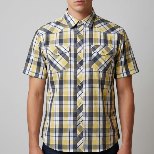 BANNED Mustard Plaid Short Sleeve Button Shirt