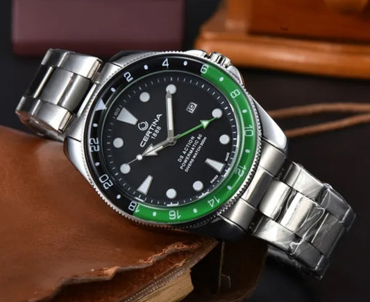 Luxury Certina DS Action Mod Black  Dial Green/Black Bezel Quartz Movement Steel Bracelet Watch