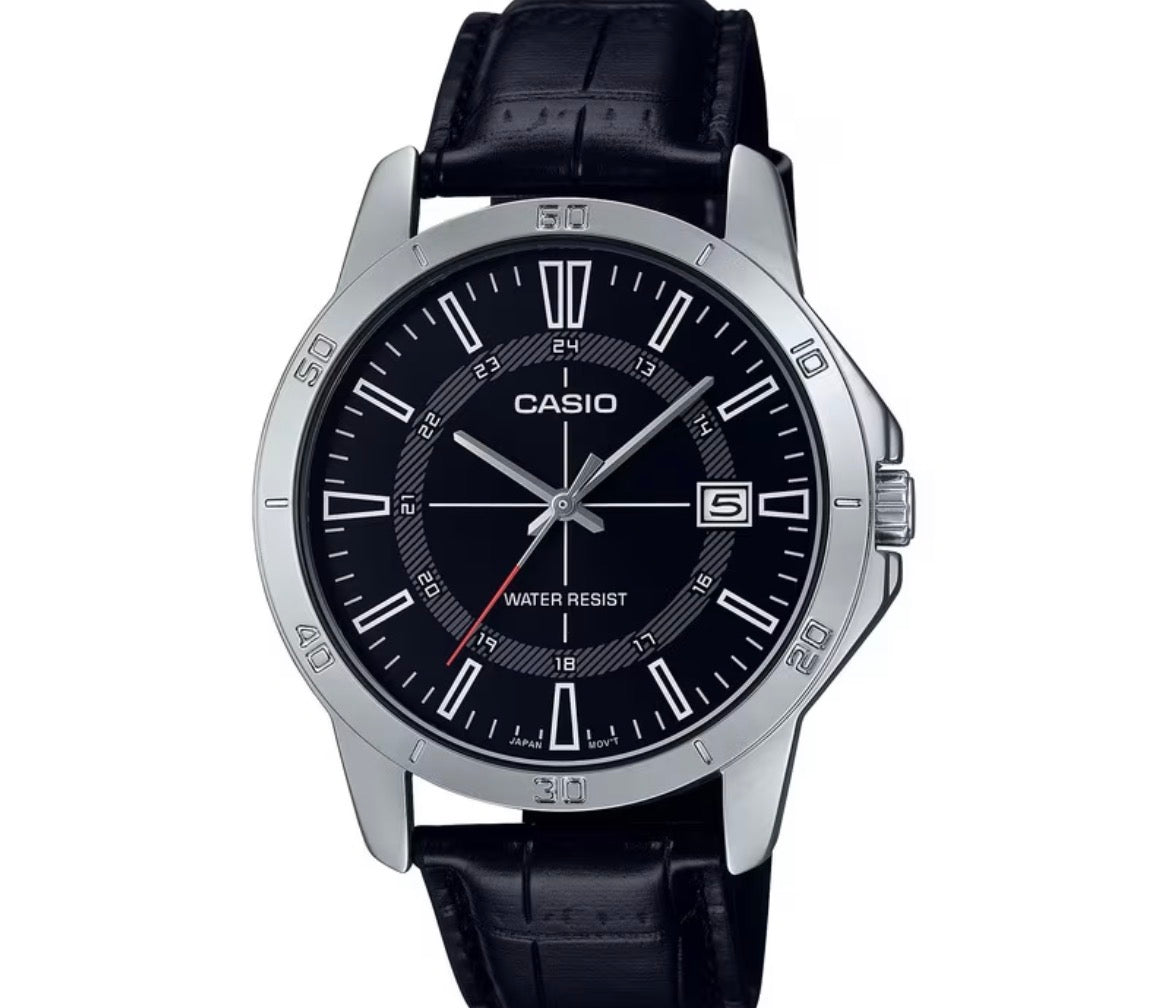 Casio Black Leather Black Dial date Watch