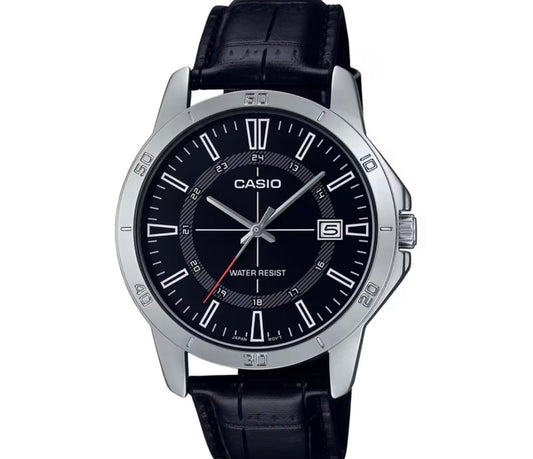 Casio Black Leather Black Dial date Watch