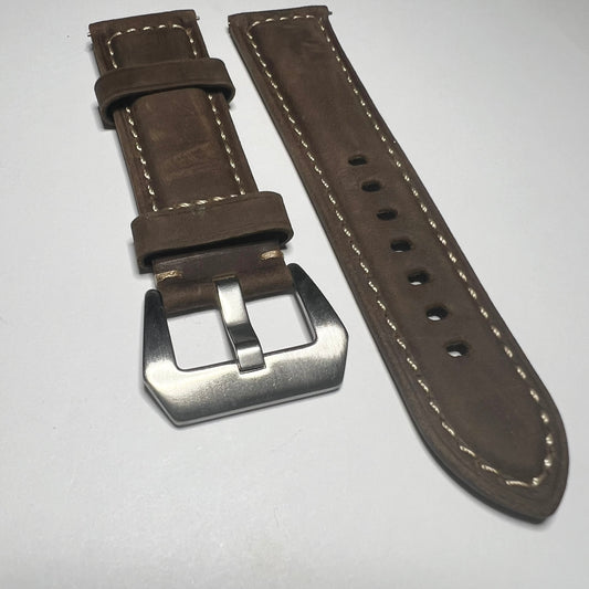 Brown Crazy Horse Leather White Stitch 24mm Quick Release Strap
