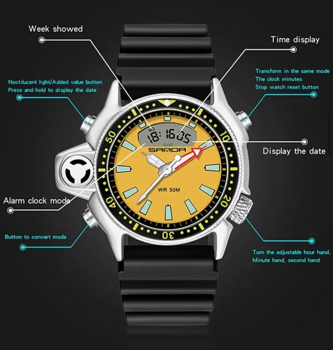Multifuntion Dive 38mm Rubber Strap Watch