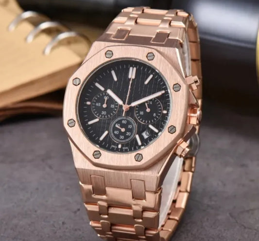 Luxury AP Chronograph Rose Gold tone Black Dial Quartz Movement   Watch