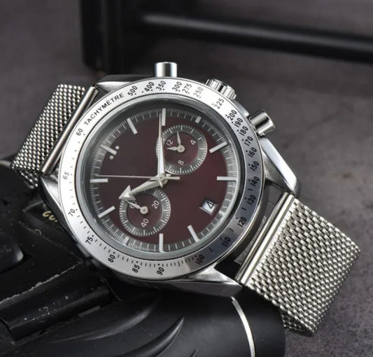 Luxury Speedmaster Maroon Dial  Quartz Mov. Chronograph Stainless Steel Milanese Mesh Bracelet Watch
